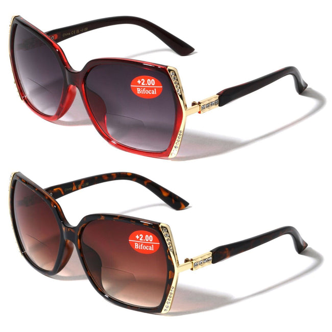 2 Pairs Women Bifocal Oversized Reading Sunglasses Rhinestones - UV400 Glasses