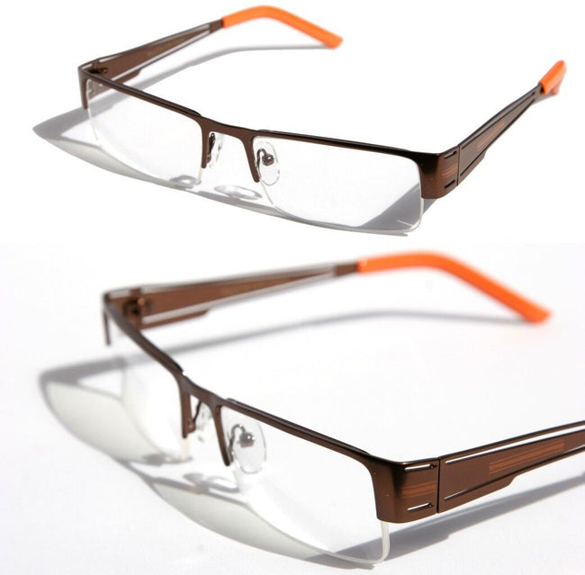 Rectangular Half Rimless Metal Sun-Glasses Eye-wear Optical RX Brown Clear lens - Vision World