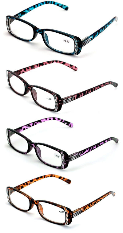 4 Pairs women rectangular spring hinge leopard print readers reading glasses