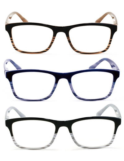 3 Pairs Comfortable Spring Hinge Readers - Clear Lens Rectangle Reading Glasses