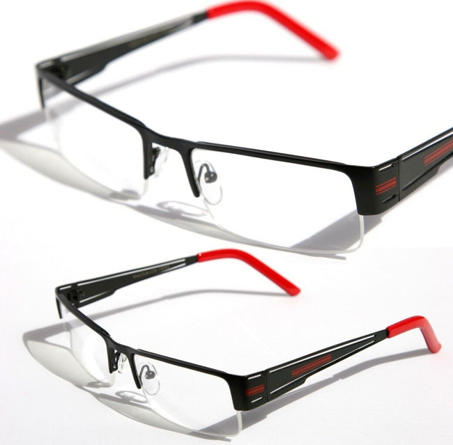 Rectangular Half Rimless Metal Sun-Glasses Optical RX Black Red Clear Lens 1230 - Vision World