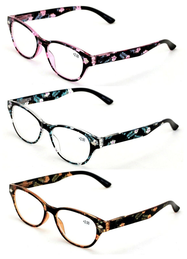 3 Pairs Women Classic Floral Readers With Spring Hinge - Oval Reading Glasses