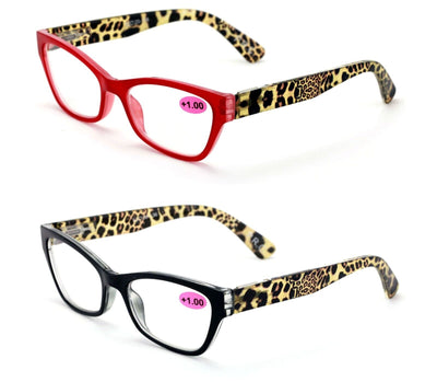 2 Pairs of Stylish Rectangle Cateye Reader, Women Leopard Temple Reading glasses - Vision World