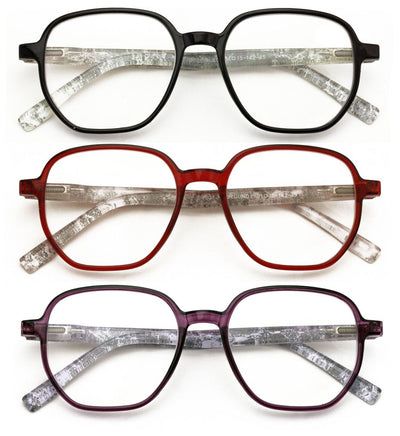 3 Pairs Women Lightweight Hexagon Wide Oversized Reading Glasses - Marble 7021