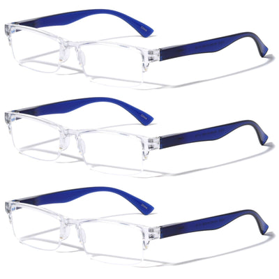 3 Pairs Rectangular Half Rim Reading Glasses - Simple Classic Clear Lens Reader - Vision World