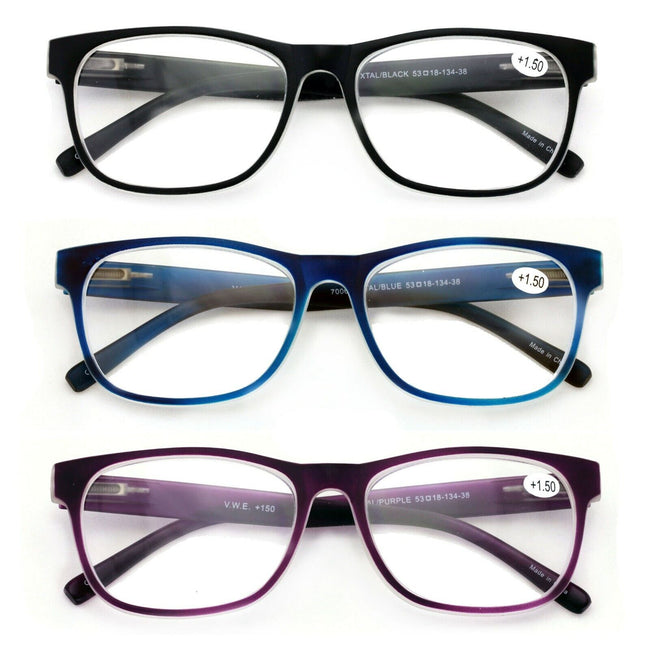 3 Pairs Matte Translucent Classic Reader - Spring Hinge - Unisex Reading Glasses - Vision World