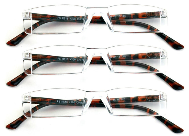 3 Pairs Small Rectangular Reading Glasses - Unisex Lightweight Spring Hinge - Vision World