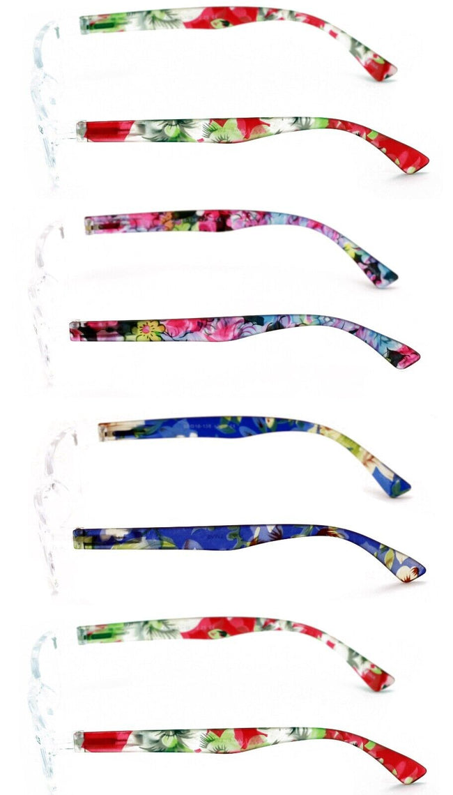 4 Pairs Women Rectangular Floral Reading Glasses - Clear Lens Flower Reader LWV5