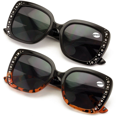 2 Pairs Women Bifocal Sunglasses Rhinestones Outdoor UV Protection Reading Glass - Vision World