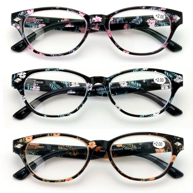 3 Pairs Women Classic Floral Readers With Spring Hinge - Oval Reading Glasses