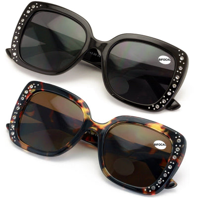 2 Pairs Women Bifocal Sunglasses Rhinestones Outdoor UV Protection Reading Glass - Vision World