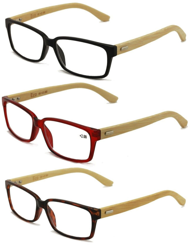 3 Pairs Genuine Real Bamboo Reading Glasses - Rectangular Modern Readers Unisex