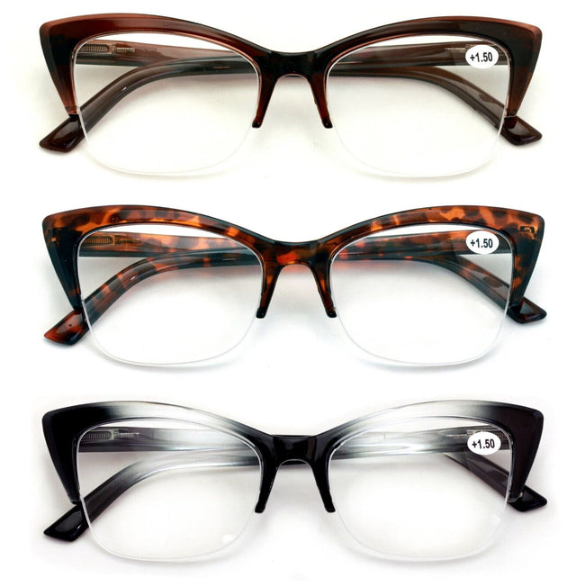 3 Pairs Women Cateye Reading Glasses HalfRim - Stylish Comfortable Reader DR03 - Vision World