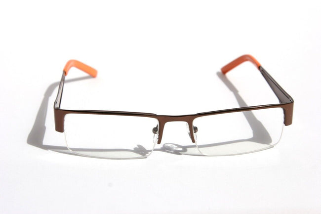 Rectangular Half Rimless Metal Sun-Glasses Eye-wear Optical RX Brown Clear lens - Vision World