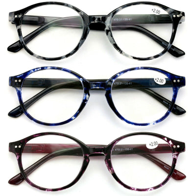 3 Pairs Transparent Round Marble Reading Glasses Lightweight Spring Hinge Reader