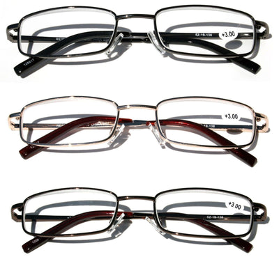 3 Pairs Slim Metal Rectangular Reading Glasses Spring Hinge High Power Reader