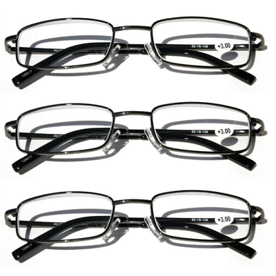 3 Pairs Slim Metal Rectangular Reading Glasses Spring Hinge High Power Reader