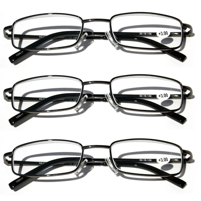 3 Pairs Slim Metal Rectangular Reading Glasses Spring Hinge High Power Reader