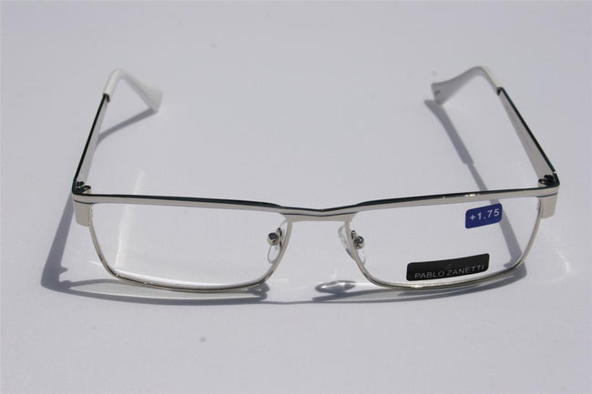 Pablo Zanetti Metal reading glasses slim rectangle Silver White +1.25 to +300 - Vision World