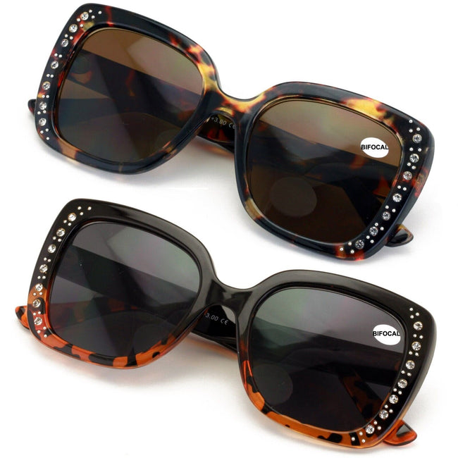 2 Pairs Women Bifocal Sunglasses Rhinestones Outdoor UV Protection Reading Glass - Vision World